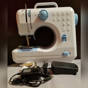 Compact White and Blue Sewing Machine